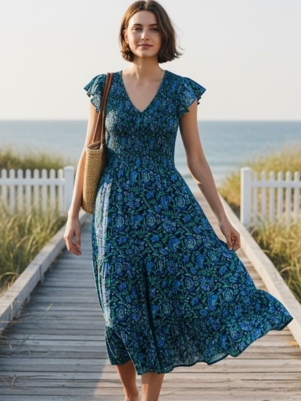Vineyard Vines Teal & Navy Paisley V-Neck Midi Dress